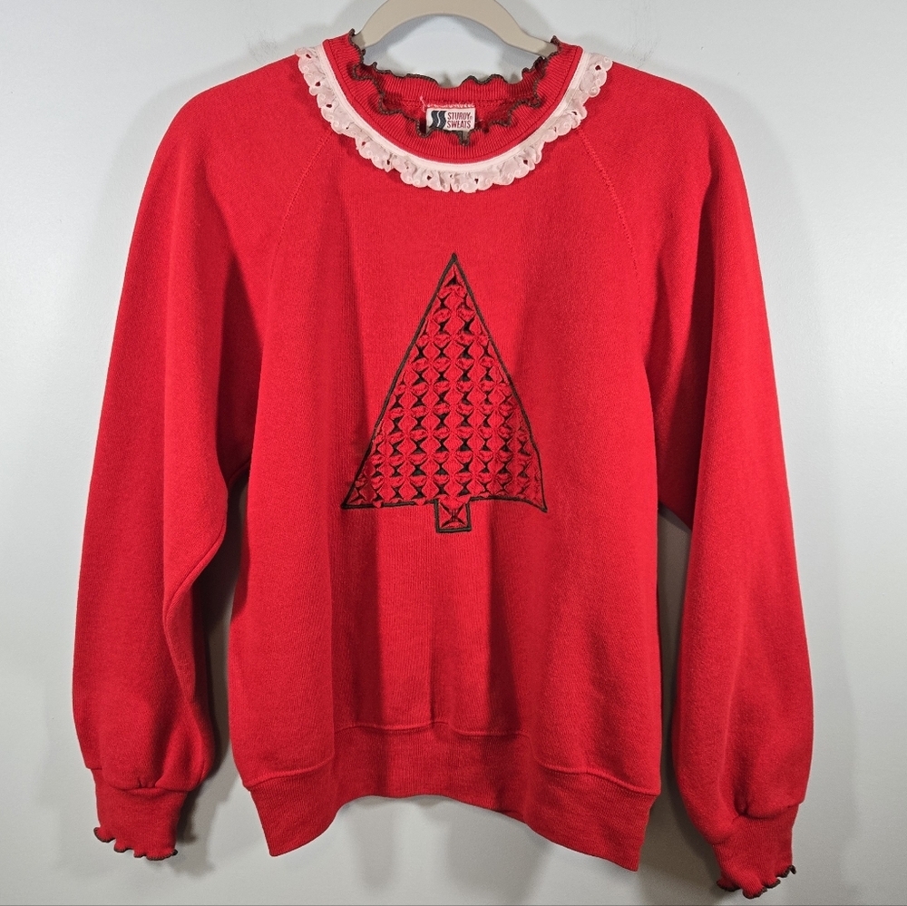 Vintage 90s Lee Christmas Tree‎ Sweatshirt Lace Collar Red Women's Size Large